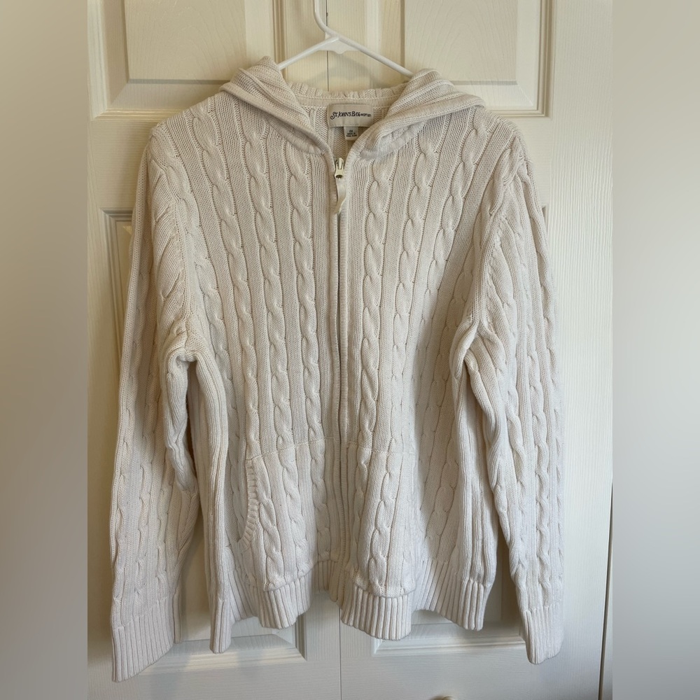 St. John’s Bay Woman White Cable Knit Zip Up Cardigan Sweater